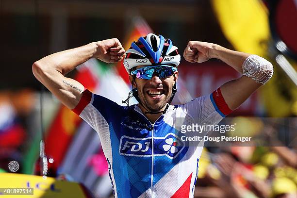 Thibaut Pinot of France and FDJ celebrates winning the twentieth stage of the 2015 Tour de France, a 110.5 km stage between Modane Valfrejus and...