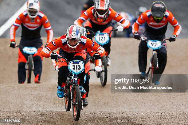 Niek Kimmann of Netherlands, leads Jelle Van Gorkom, Raymon Van Der Biezen, Martijn Jaspers and Twan Van Gendt, all of the Netherlands as they...