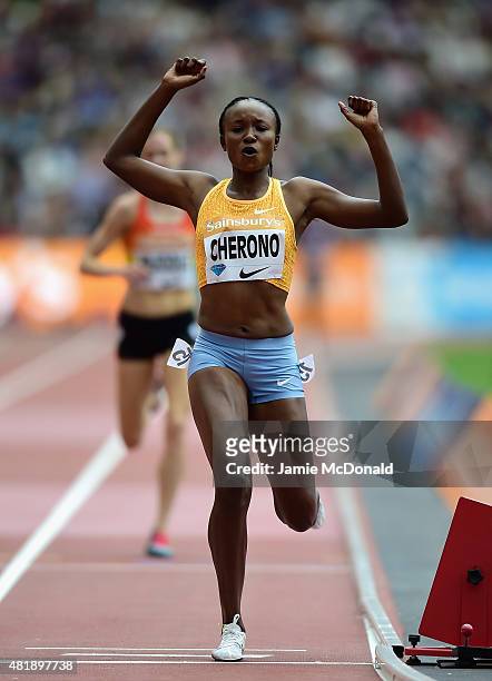 Mercy Cherono of Kenya celebrates as she crosses the line to win the Womens 5000m during day two of the Sainsbury's Anniversary Games at The Stadium...