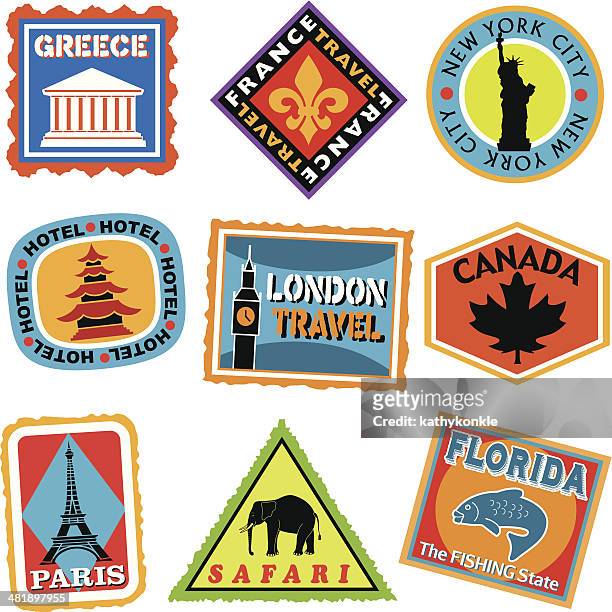 stockillustraties, clipart, cartoons en iconen met luggage labels or travel stickers - bagagelabel
