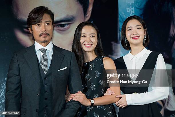 South Korean actors Lee Byung-Hun, Jeon Do-Yeon and Kim Go-Eun attend the press conference for "Memories Of The Sword" at the Lotte Cinema on July...