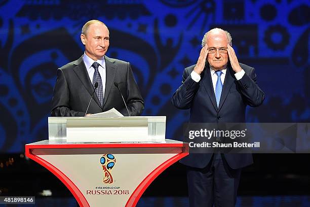 Vladimir Putin, President of Russia and FIFA President Joseph S. Blatter speak during the Preliminary Draw of the 2018 FIFA World Cup in Russia at...