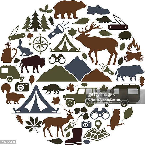 stockillustraties, clipart, cartoons en iconen met camping collage - jager