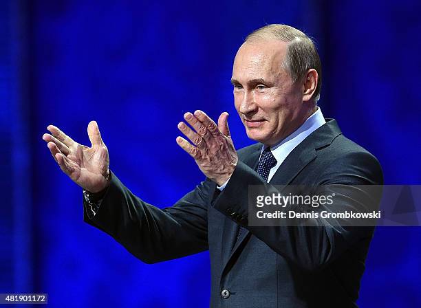 Vladimir Putin, President of Russia speaks during the Preliminary Draw of the 2018 FIFA World Cup in Russia at The Konstantin Palace on July 25, 2015...