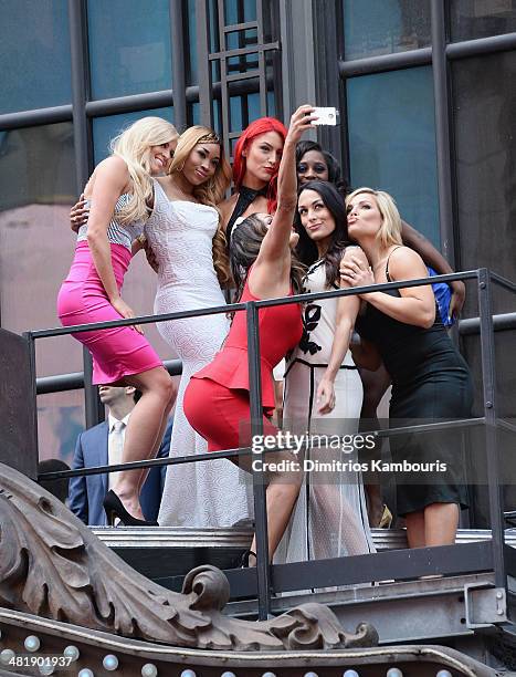 Summer Rae, Cameron, Nikki Bella, Eva Marie, Brie Bella attend the WrestleMania 30 press conference at the Hard Rock Cafe New York on April 1, 2014...