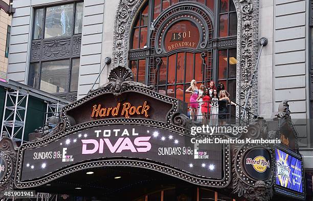 Summer Rae, Cameron, Nikki Bella, Eva Marie, Brie Bella attend the WrestleMania 30 press conference at the Hard Rock Cafe New York on April 1, 2014...