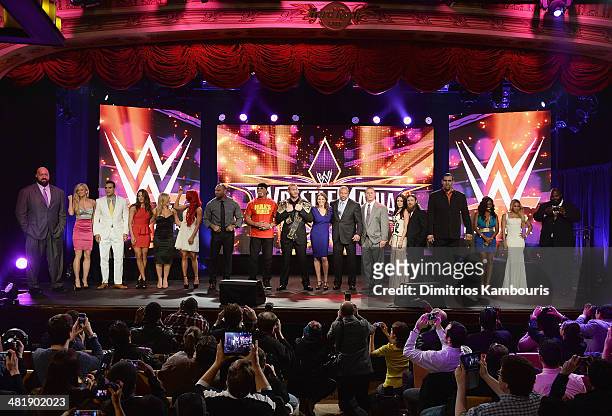 Group photo op at the WrestleMania 30 press conference at the Hard Rock Cafe New York on April 1, 2014 in New York City.