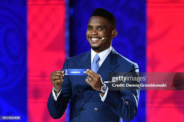 Draw assistant Samuel Eto'o draws Cameroon in African Zone draw at the Preliminary Draw of the 2018 FIFA World Cup in Russia at The Konstantin Palace...