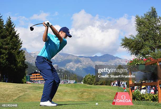 Matthew Fitzpatrick of England plays a shot on the 18th hole during the third round of the Omega European Masters at Crans-sur-Sierre Golf Club on...