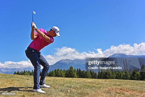 Danny Willett of England plays a shot on the 13th hole during the third round of the Omega European Masters at Crans-sur-Sierre Golf Club on July 25,...