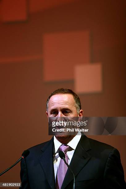 New Zealand Prime Minister John Key delivers his pre-budget speech at North Harbour Stadium on April 2, 2014 in Auckland, New Zealand. Key announced...