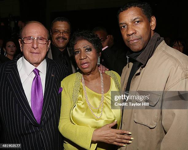 Clive Davis, William Wilkerson, Aretha Franklin, and Denzel Washington attend Aretha Franklin's 72nd Birthday Celebration on March 22, 2014 in New...