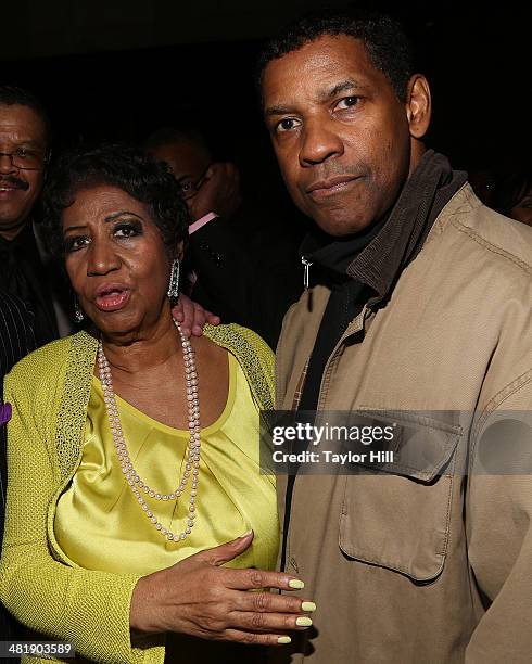 Clive Davis, Aretha Franklin, and Denzel Washington attend Aretha Franklin's 72nd Birthday Celebration on March 22, 2014 in New York City.