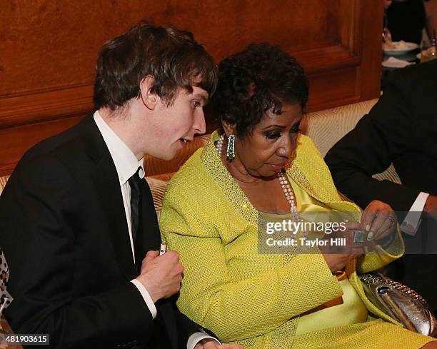Rolling Stone writer Patrick Doyle interviews singer Aretha Franklin at Aretha Franklin's 72nd Birthday Celebration on March 22, 2014 in New York...