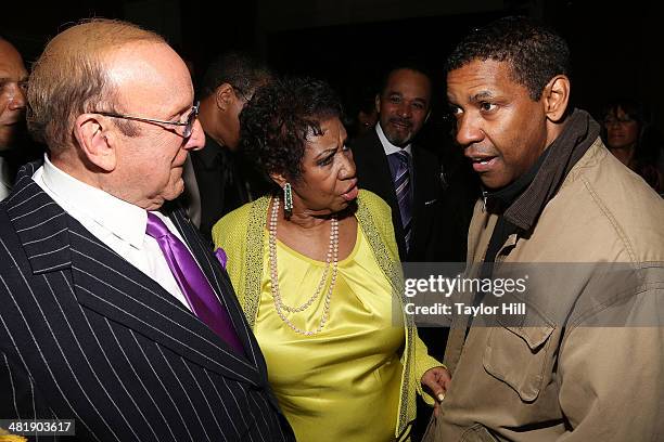 Clive Davis, Denzel Washington, and Aretha Franklin attend Aretha Franklin's 72nd Birthday Celebration on March 22, 2014 in New York City.