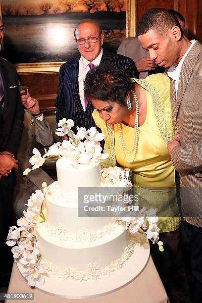 Clive Davis, Aretha Franklin, and Kecalf Cunningham attend Aretha Franklin's 72nd Birthday Celebration on March 22, 2014 in New York City.