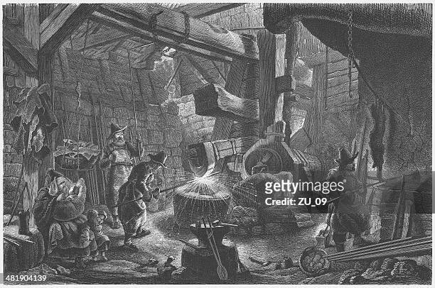 stockillustraties, clipart, cartoons en iconen met workers in an old blacksmith shop, wood engraving, published 1877 - blacksmith shop