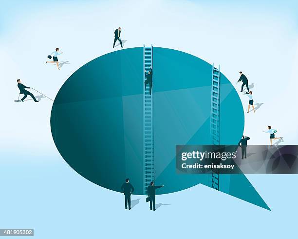 people investigating the speech bubble drawn as a hole - science journalism stock illustrations