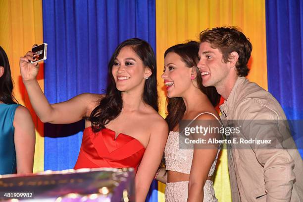 Actors Diane Doan, Sarah Jeffrey and Jedidiah Goodacre attend the after party for the premiere of Disney Channel's "Descendants" at Walt Disney...