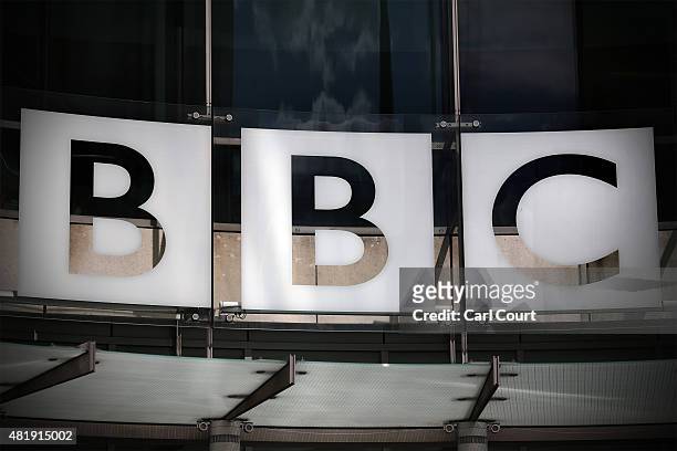 The logo for the Broadcasting House, the headquarters of the BBC is displayed outside on July 25, 2015 in London, England. The main Art Deco-style...