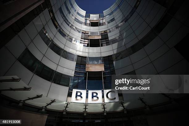 The logo for the Broadcasting House, the headquarters of the BBC is displayed outside on July 25, 2015 in London, England. The main Art Deco-style...