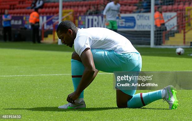 Angelo Ogbonna of West Ham United warms up ahead of the pre season friendly between Charlton Athletic and West Ham United at The Valley on July 25,...