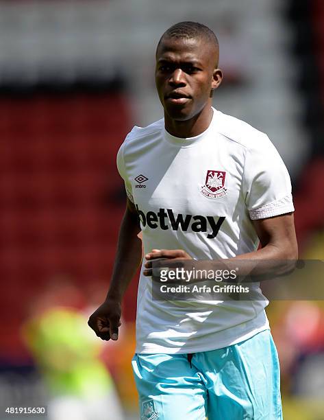 Enner Valencia of West Ham United warms up ahead of the pre season friendly between Charlton Athletic and West Ham United at The Valley on July 25,...