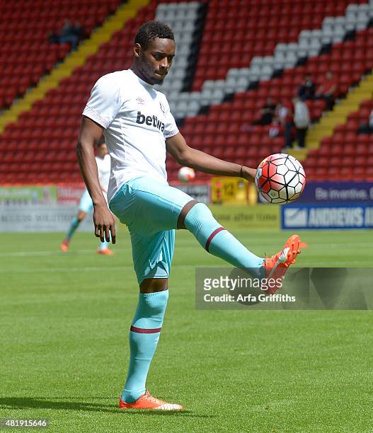 Diafra Sakho of West Ham United warms up ahead of the pre season friendly between Charlton Athletic and West Ham United at The Valley on July 25,...