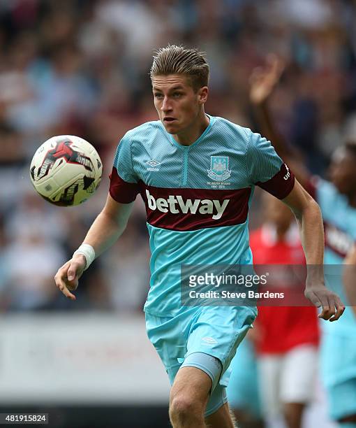 Reece Burke of West Ham United in action during the pre season friendly match between Charlton Athletic and West Ham United at the Valley on July 25,...