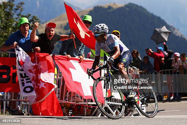 Nairo Quintana of Colombia and Movistar Team attacks on the Alpe d'Huez during the twentieth stage of the 2015 Tour de France, a 110.5 km stage...