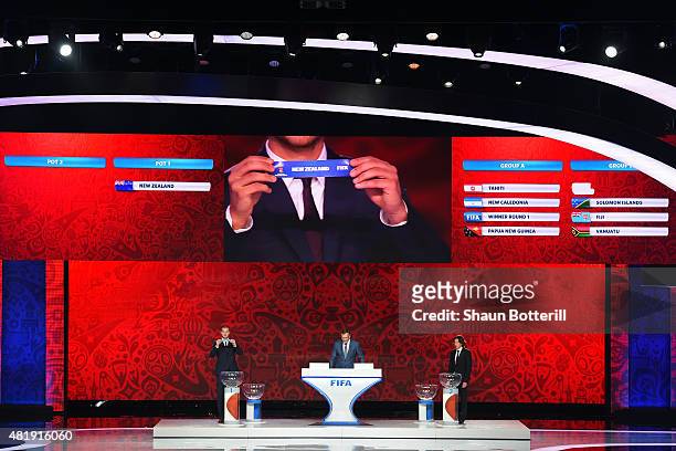 Draw assistant Predrag Rajkovic holds up the name New Zealand in the Oceanian draw during the Preliminary Draw of the 2018 FIFA World Cup in Russia...