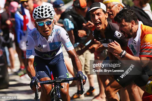 Nairo Quintana of Colombia and Movistar Team attacks on the Alpe d'Huez during the twentieth stage of the 2015 Tour de France, a 110.5 km stage...