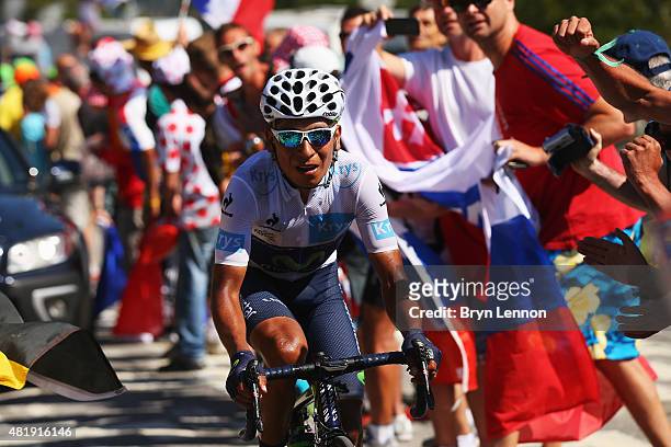 Nairo Quintana of Colombia and Movistar Team attacks on the Alpe d'Huez during the twentieth stage of the 2015 Tour de France, a 110.5 km stage...