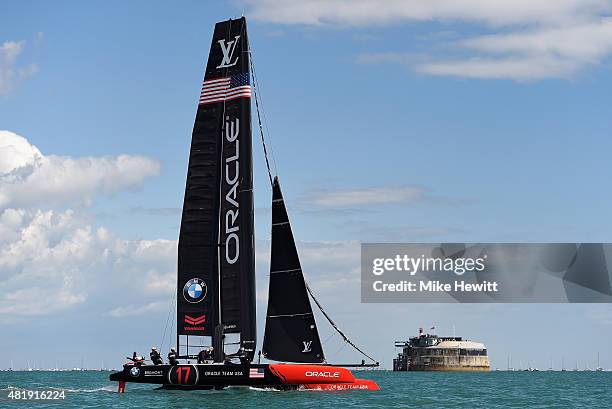 Oracle Team USA pass the Solent Fort during Day Three of the Louis Vuitton America's Cup World Series on July 25, 2015 in Portsmouth, England.