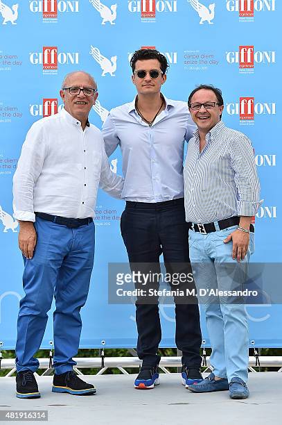 Claudio Gubitosi, Orlando Bloom, Piero Rinaldi attend Giffoni Film Festival 2015 - Day 9 photocall on July 25, 2015 in Giffoni Valle Piana, Italy.