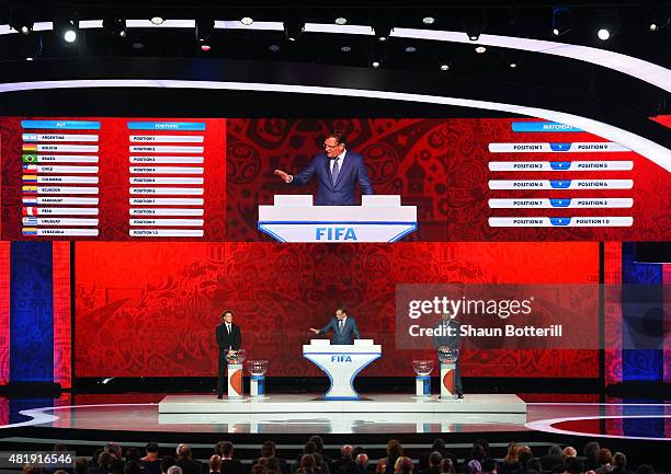 Draw assistant Diego Forlan, FIFA Secretary-General Jerome Valcke and Draw assistant Ronaldo during the South American Zone draw at the Preliminary...