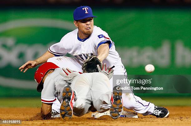 Donnie Murphy of the Texas Rangers tags out Ben Revere of the Philadelphia Phillies at second base in the top of the sixth inning at Globe Life Park...