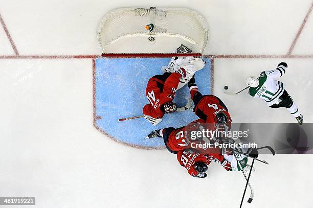 Dustin Jeffrey of the Dallas Stars scores a goal on Jaroslav Halak of the Washington Capitals in the second period during an NHL game at Verizon...