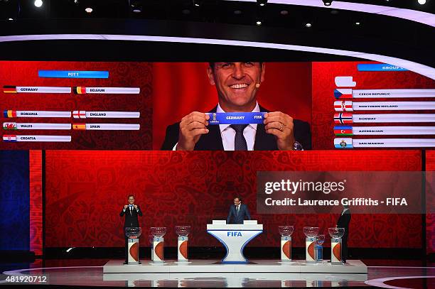 Draw assistant Oliver Bierhoff holds up the name Germany during the European Zone draw at the Preliminary Draw of the 2018 FIFA World Cup in Russia...