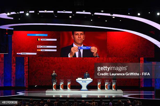 Draw assistant Oliver Bierhoff holds up the name England during the European Zone draw at the Preliminary Draw of the 2018 FIFA World Cup in Russia...