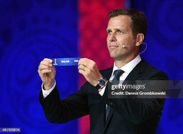 Draw assistant Oliver Bierhoff holds up the name England during the European Zone draw at the Preliminary Draw of the 2018 FIFA World Cup in Russia...