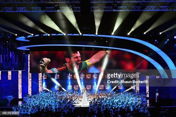 Singer Polina Gagarina performs at the Preliminary Draw of the 2018 FIFA World Cup in Russia at The Konstantin Palace on July 25, 2015 in Saint...