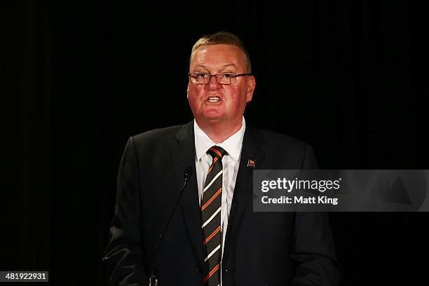 Asian Cup 2015 Local Organising Committee CEO Michael Brown speaks during the Asian Cup 2015 Ticket Launch at Four Seasons Hotel on April 2, 2014 in...