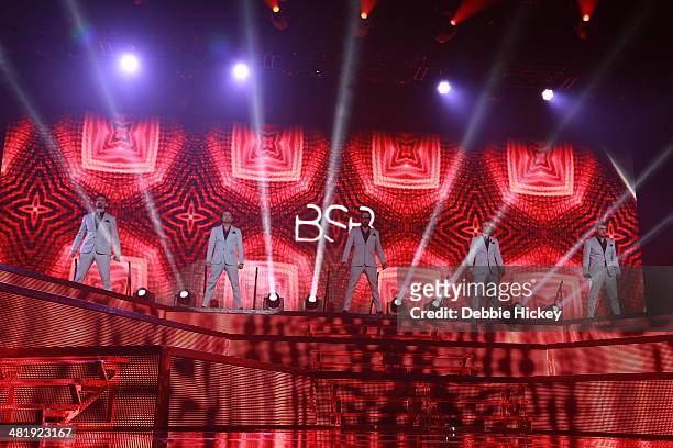 Kevin Richardson, Howie Dorough, A.J. McLean, Brian Littrell and Nick Carter of Backstreet Boys perform at 02 on April 1, 2014 in Dublin, Ireland.