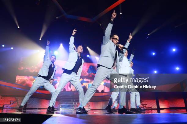 Kevin Richardson, Brian Littrell, A.J. McLean and Howie Dorough and Nick Carter of Backstreet Boys perform at 02 on April 1, 2014 in Dublin, Ireland.