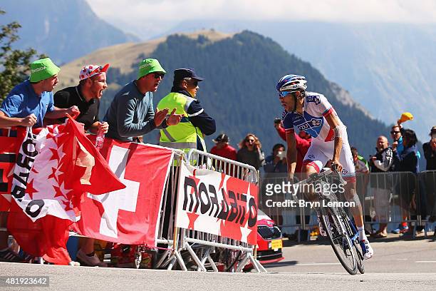 Thibaut Pinot of France and FDJ rides up the Alpe d'Huez on his way to winning the twentieth stage of the 2015 Tour de France, a 110.5 km stage...