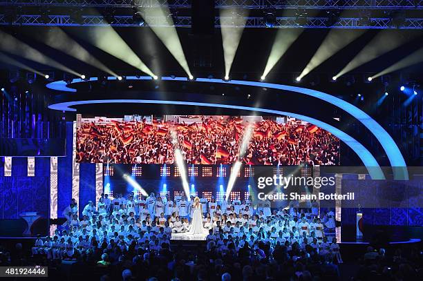 Singer Polina Gagarina and conductor Valery Gergiev perform at the Preliminary Draw of the 2018 FIFA World Cup in Russia at The Konstantin Palace on...