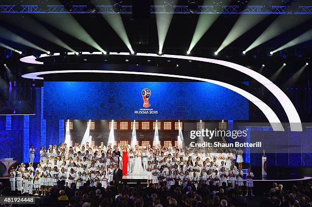 Singer Polina Gagarina and conductor Valery Gergiev perform at the Preliminary Draw of the 2018 FIFA World Cup in Russia at The Konstantin Palace on...