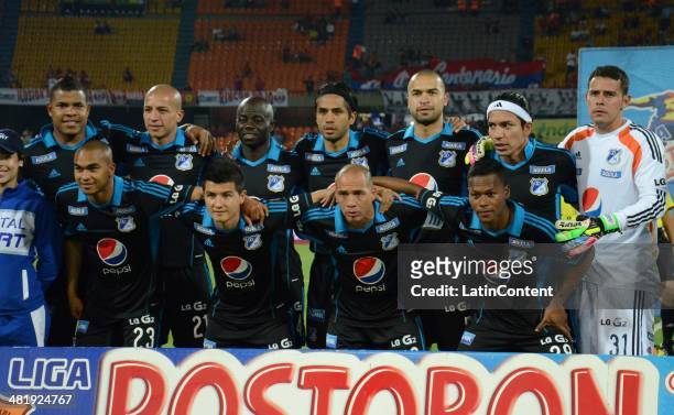 Players of Millonarios pose for a photo prior a match between Medellin and Millonarios as part of the Liga Postobon 2014 at Atanasio Girardot Stadium...