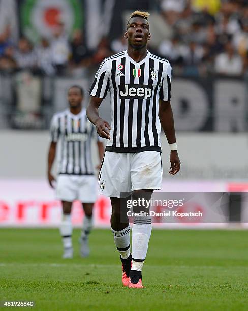 Paul Pogba of Juventus controls the ball during the friendly match between Juventus and Borussia Dortmund on July 25, 2015 in St Gallen, Switzerland.